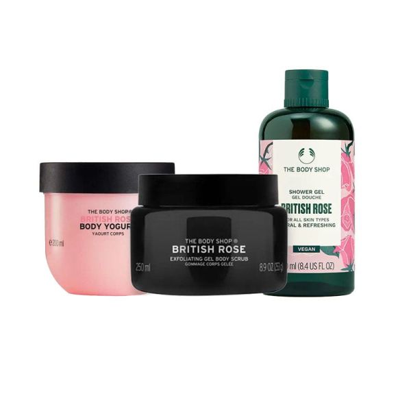 The Body Shop British Rose Shower Gel, Body Scrub & Body Yogurt Combo